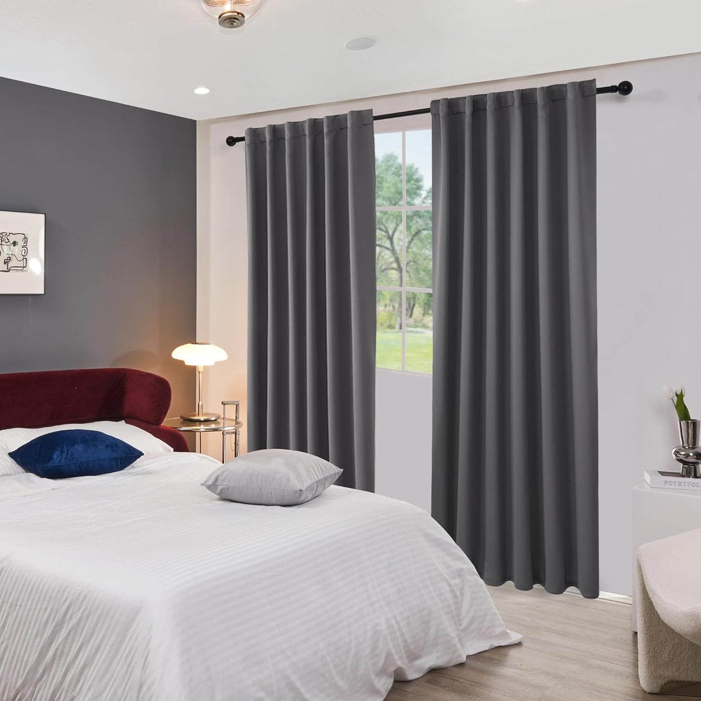 Draperie material tip Blackout culoare Gri Grafit croita cu rejansa pentru sina sau galerie, carlige sina by SeReDesign