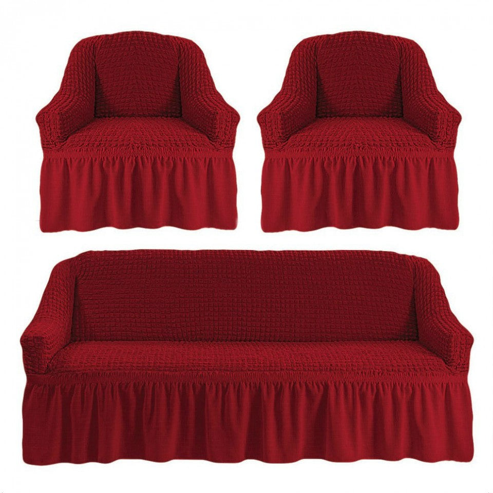 Set Huse Elastice si Creponate, Canapea 3 Locuri si 2 Fotolii, cu volan culoare Bordo | set-huse-elastice-si-creponate-canapea-3-locuri-si-2-fotolii-cu-volan-culoare-bordo | Huse | seredesign.ro