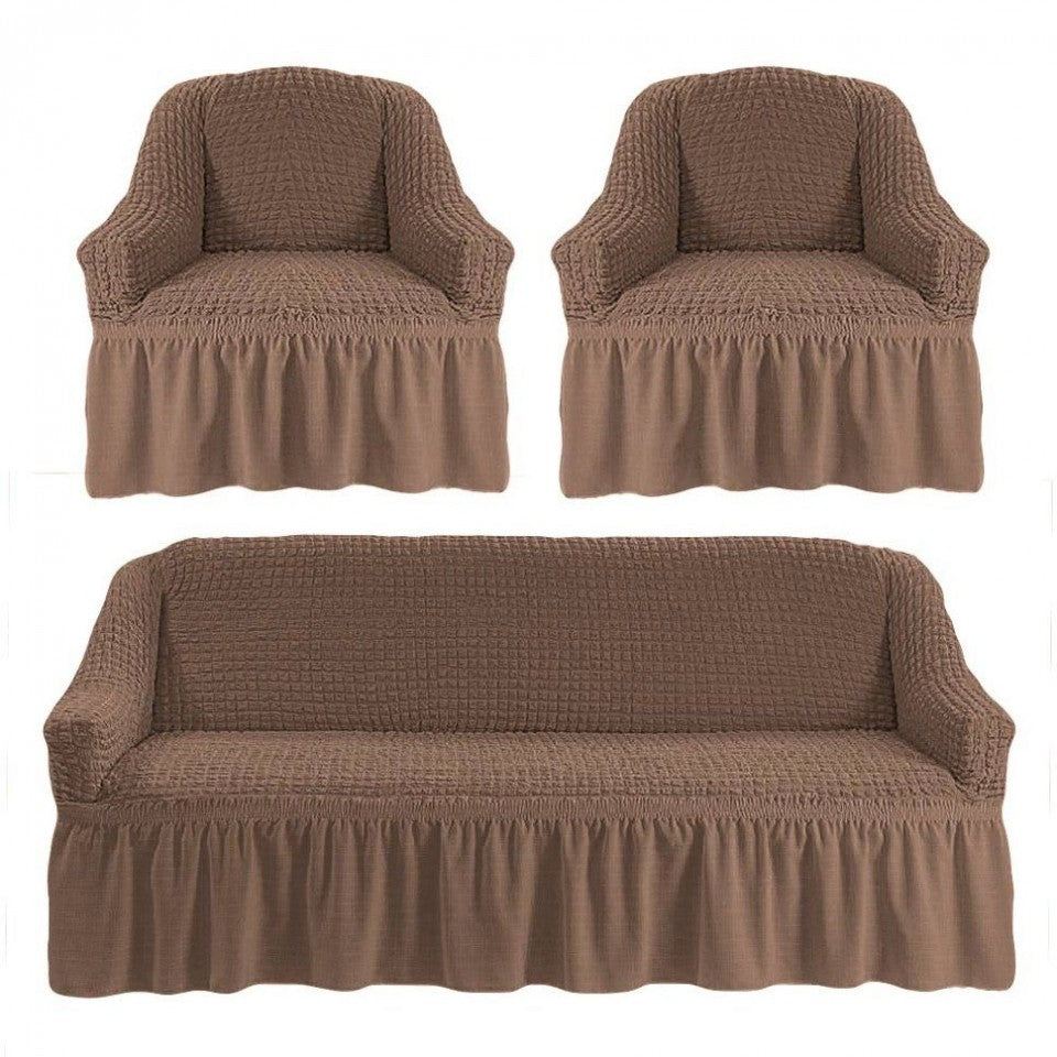 Set Huse Elastice si Creponate, Canapea 3 Locuri si 2 Fotolii, cu volan culoare Bej Inchis | set-huse-elastice-si-creponate-canapea-3-locuri-si-2-fotolii-cu-volan-culoare-bej-inchis | Huse | seredesign.ro