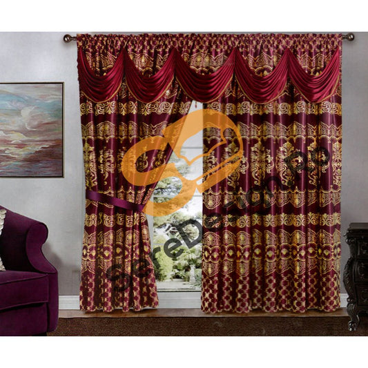Draperie Cu Volane model Barok, L300cm x H250cm, culoare Rosu cu insertii Aurii