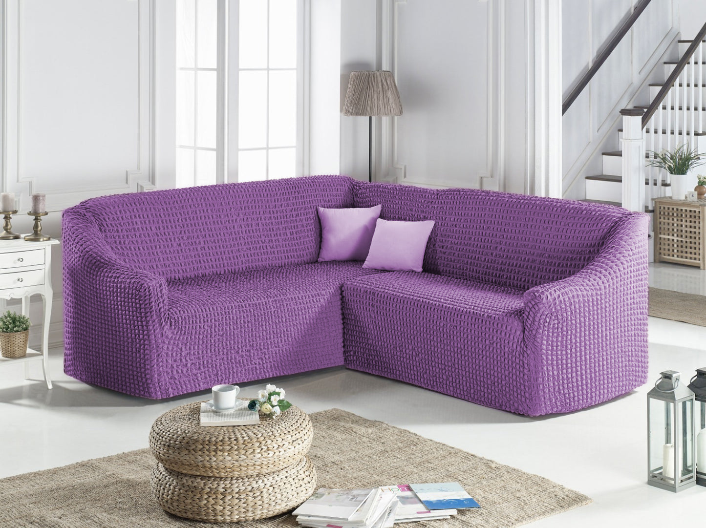 Husa Elastica si Creponata Canapea Coltar, Fara volan culoare Lila | husa-elastica-si-creponata-canapea-coltar-fara-volan-culoare-lila | Huse | seredesign.ro