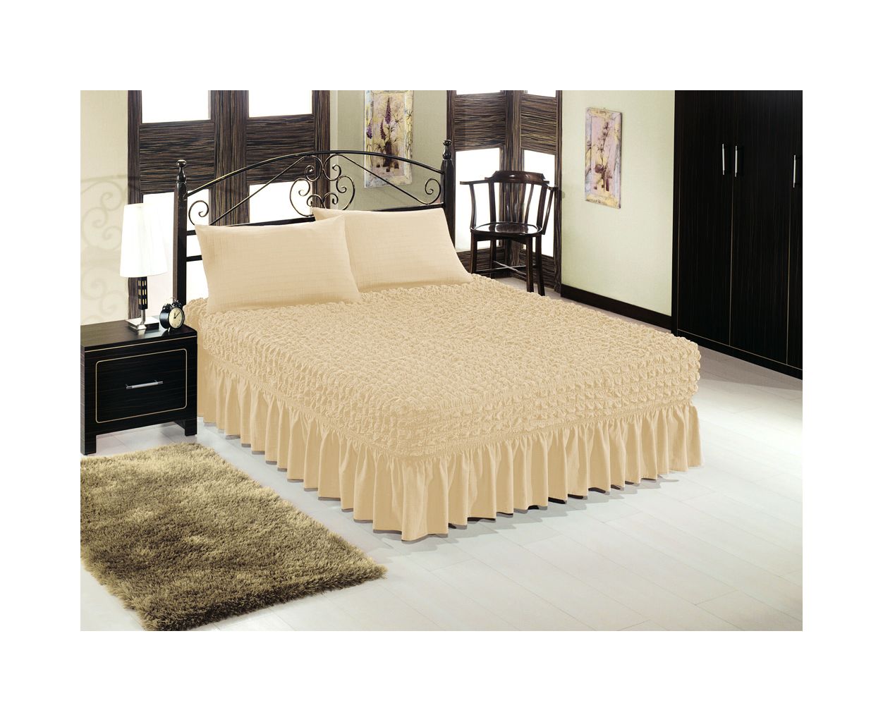 Husa Elastica si Creponata pentru Pat 2 Persoane + 2 Fete de Perne culoare Cren Natur