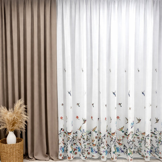 Perdea albă cu imprimeu floral și pasari – model elegant, aerisit, la comandă