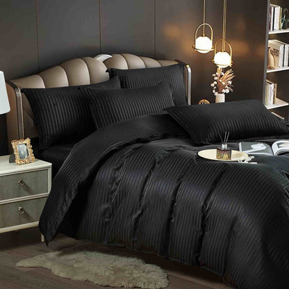 Set Lenjerie de Pat DAMASC, 6 piese, pat 2 persoane, cu elastic culoare Negru