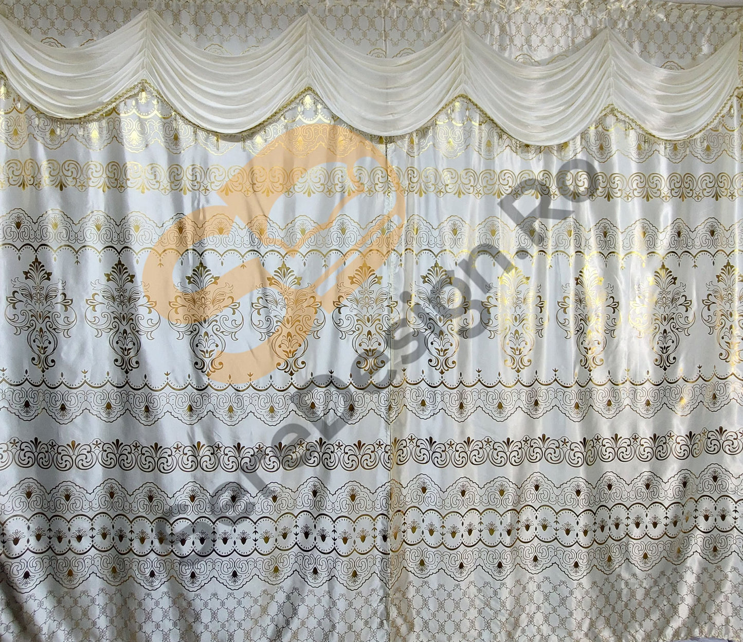 Draperie Cu Volane model Barok, L300cm x H250cm, culoare Ivoire cu insertii Aurii