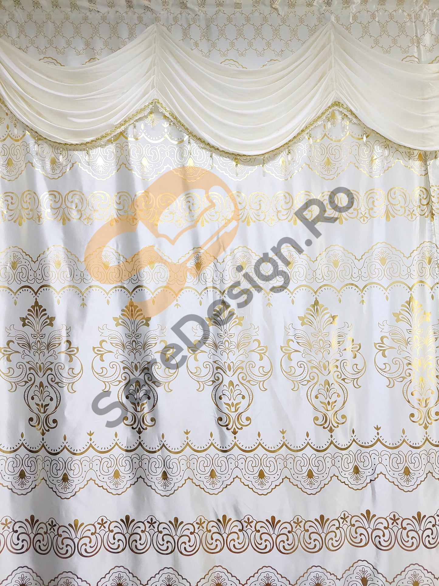 Draperie Cu Volane model Barok, L300cm x H250cm, culoare Ivoire cu insertii Aurii