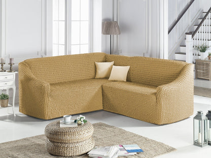 Husa Elastica si Creponata Canapea Coltar, Fara volan culoare Bej | husa-elastica-si-creponata-canapea-coltar-fara-volan-culoare-albastru-bej | Huse | seredesign.ro