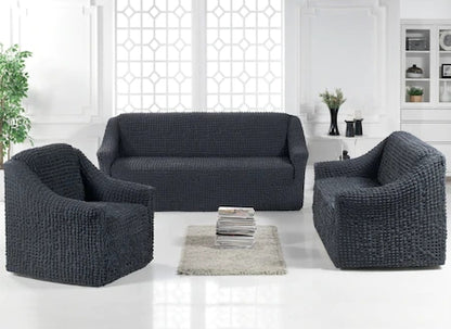 Set Huse Elastice si Creponate, Canapea 3 Locuri si 2 Fotolii, Fara volan culoare Albastru Fume | set-huse-elastice-si-creponate-canapea-3-locuri-si-2-fotolii-fara-volan-culoare-caramiziu | Huse | seredesign.ro