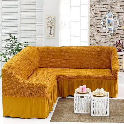 Husa Elastica si Creponata Canapea Coltar, Cu volan culoare Mustar Deschis | husa-elastica-si-creponata-canapea-coltar-cu-volan-culoare-mustar-deschis | Huse | seredesign.ro