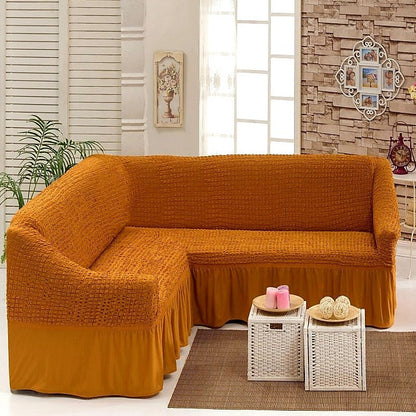 Husa Elastica si Creponata Canapea Coltar, Cu volan culoare Mustar Inchis | husa-elastica-si-creponata-canapea-coltar-cu-volan-culoare-mustar-inchis | Huse | seredesign.ro