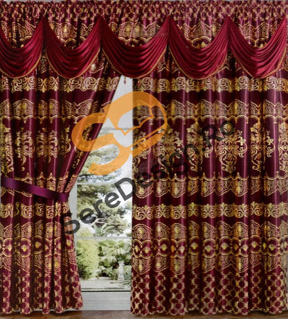 Draperie Cu Volane model Barok, L300cm x H250cm, culoare Rosu cu insertii Aurii