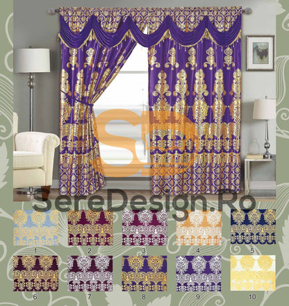 Draperie Cu Volane model Barok, L300cm x H250cm, culoare MOV cu insertii Aurii